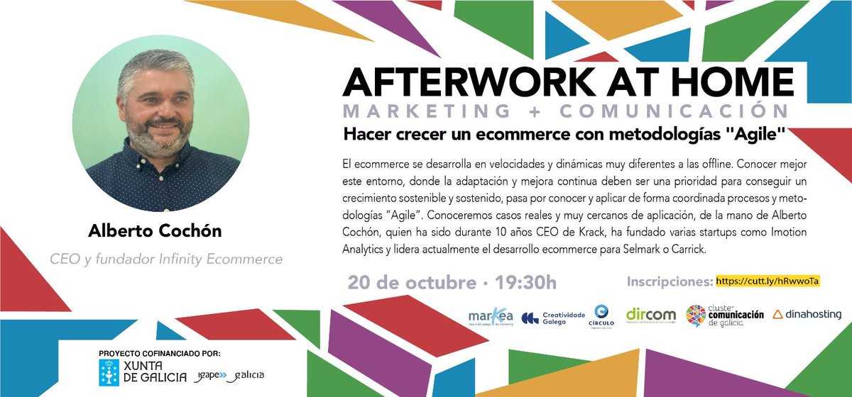 Mañá mércores, as 19:30h celebramos un novo #afterworkatHome, no que falaremos sobre como facer crecer un #ecommerce con metodoloxías Agile. 

Aínda estás a tempo de reservar a túa praza e conectarte  ➡️ lnkd.in/eKSzu228