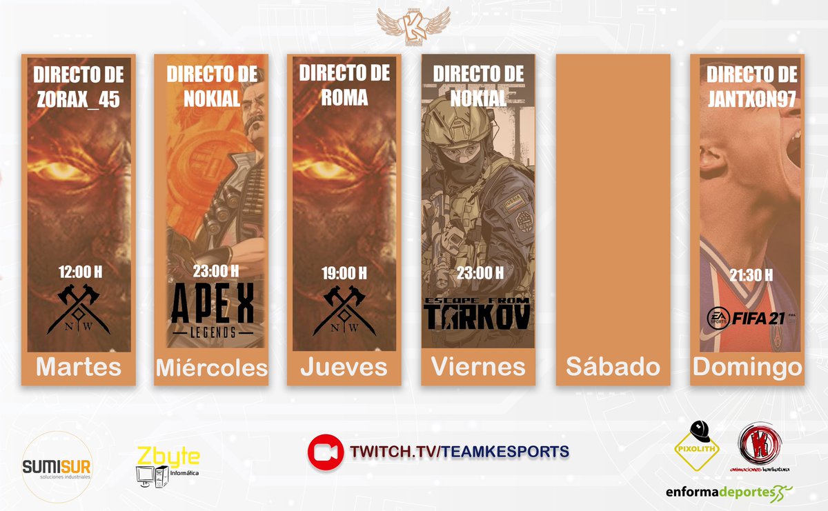 Team_K_eSports's tweet photo. 🗓 Calendario semanal de nuestros directos en el canal oficial del equipo.
El equipo de creadores de contenido tendrán la parrilla semanal muy amenizada.

Podrá sufrir modificaciones que os iremos avisando.

¡Os esperamos! #Twitch #Directos #fifa22 #newworld #apexlegends #tarkov https://t.co/ivniUwvbV1