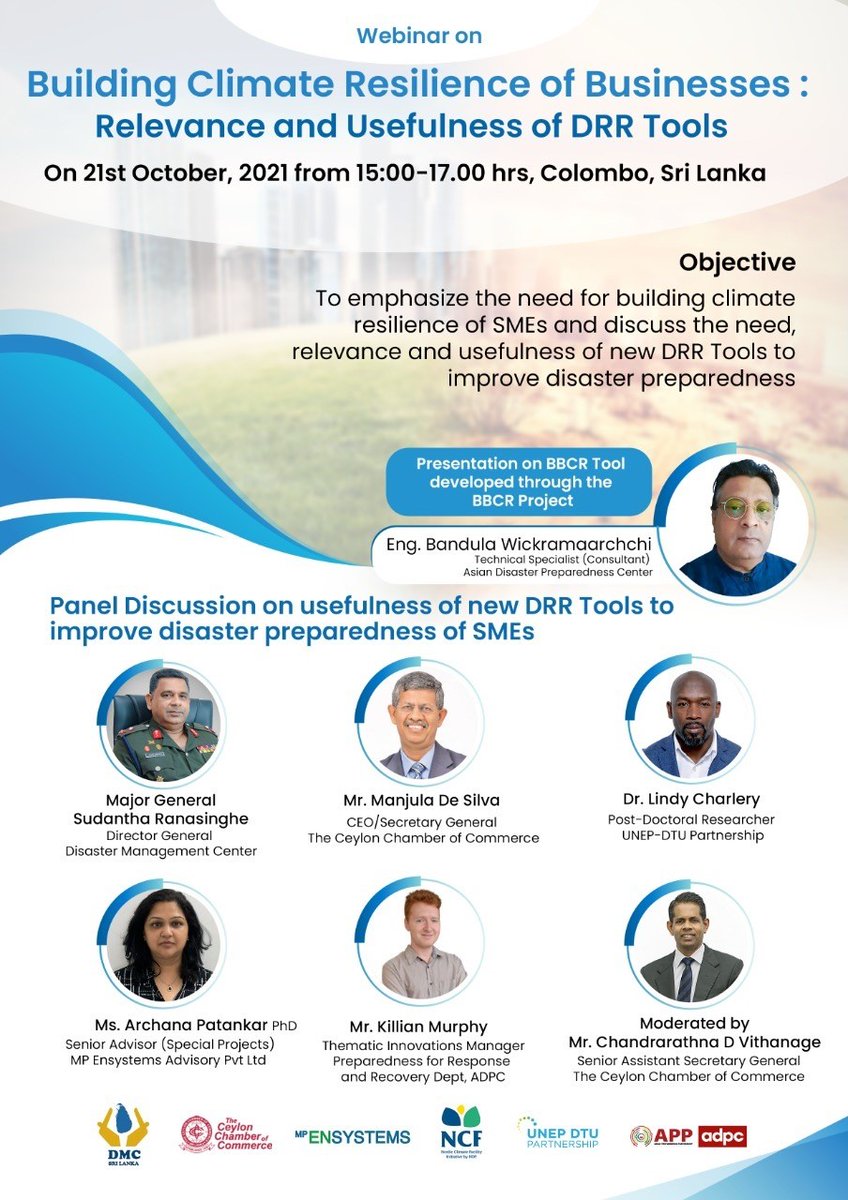 UNEPCCC's tweet photo. Join us for a Webinar on Building #ClimateResilience in Businesses: Relevance and Usefulness of #DisasterRiskReduction Tools.

21st October from 11.30 - 13.30 CET (15.00-17.00 Sri Lankan time)

https://t.co/WkZr17w4Py https://t.co/mtkFMaYYLb