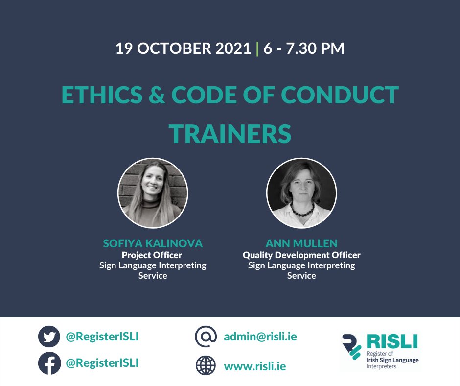 RegisterISLI's tweet image. Tuning in for tonight&apos;s CPD training on Ethics &amp;amp; Code of Conduct provided by @SKalinova &amp;amp; Ann Mullen. 

If you have not booked your place, please do not forget to do so via eventbrite.ie/e/risli-ethics…

#ISLInterpreters #IrishSignLanguage #Ethics #CodeofConduct