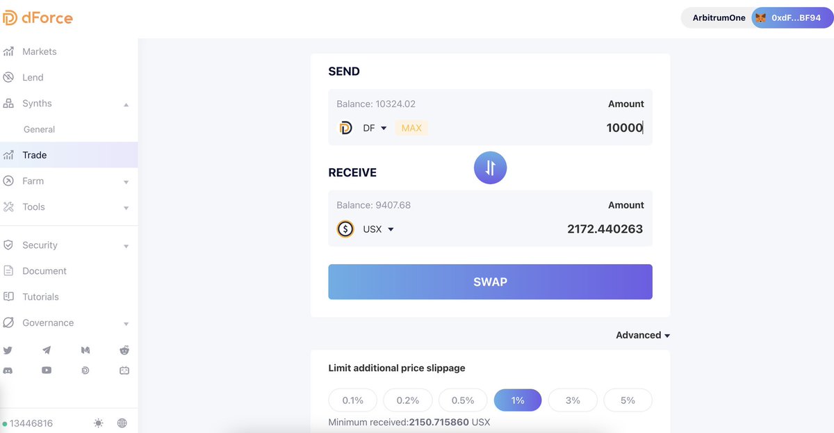 dForcenet's tweet photo. Dear dForcians! 

#dForce APP portal integrated trade has been launched and now you can directly trade 👏👏

Arbitrum already supports 👇
DF-USX
DF-USDT
USX-USDC
USX-EUX 
transactions, more trading pairs and DEX will be available in the future

Try Now 👇
https://t.co/DeyF3sjhMk https://t.co/fNpe2xbe8L