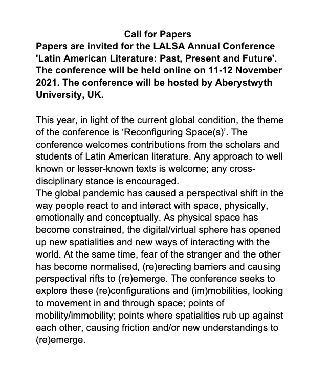 UccSplas's tweet photo. Do not miss @LatAmLit #cfp for their #Online conference on 11-12 November hosted by @aberuni  

Deadline Nov 1st!

KEYNOTE by @isanchezprado https://t.co/g7AWDKzq6k