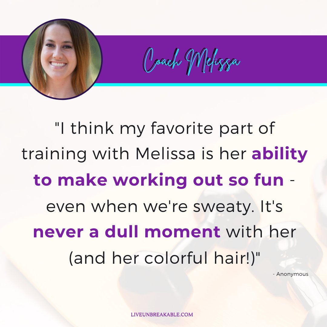 LiveUnbreakable's tweet photo. "I think my favorite part of training with Melissa is her ability to make working out so fun - even when we're sweaty. It's never a dull moment with her (and her colorful hair)!"

#testimonialtuesday #testimonial #realresults #changinglives #liveunbreakable #eattrainlive #motiva https://t.co/5Lz0G7p1qd