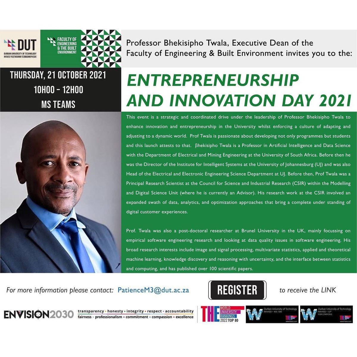 DUT_Tweets's tweet image. DON’T MISS #FEBE Entrepreneurship and Innovation Day @Dut. This is a strategic and coordinated drive to enhance innovation and entrepreneurship in the University whilst enforcing a culture of adapting and adjusting to a dynamic world. #Entrepreneurship #Innovation #Engineering