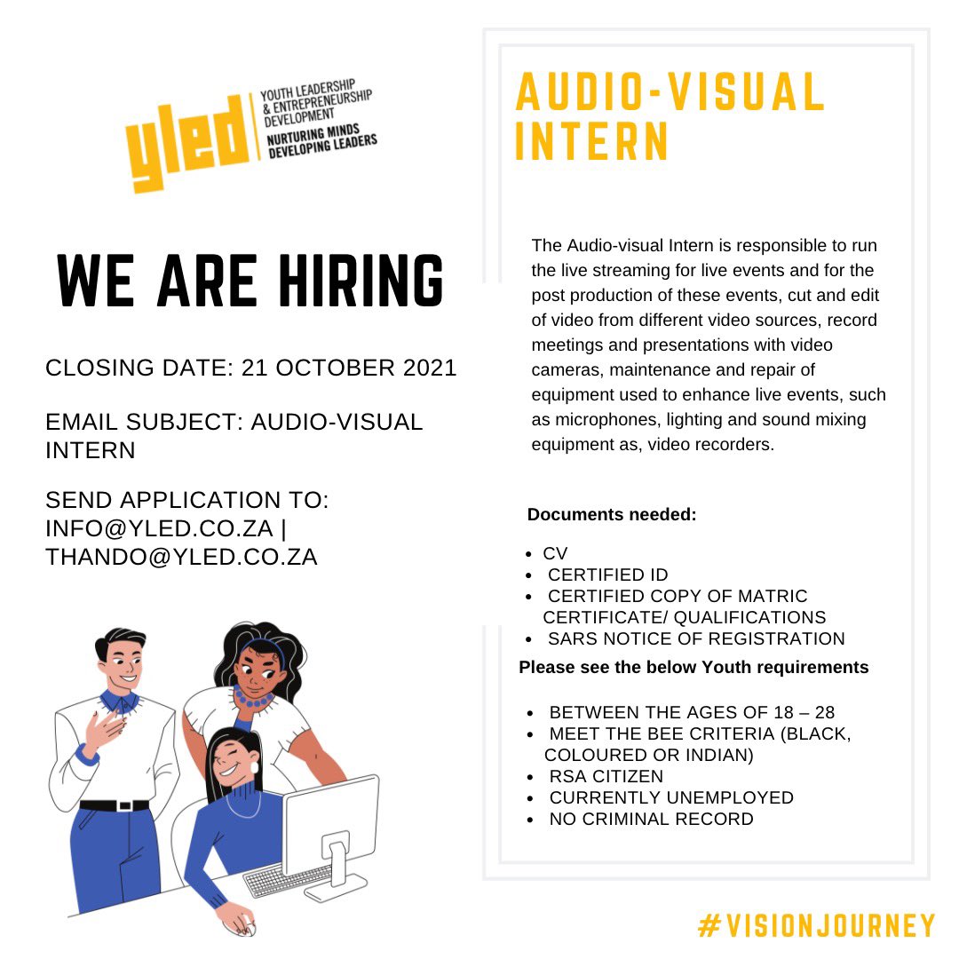 yledsa's tweet photo. 📣 WE'RE HIRING!
We are looking for YLED Alumni and unemployed youth to join our team to continue to nurture minds and develop the next generation of leaders.
#visionjourney #yled #chooseyled #chooseday https://t.co/5F17oOcbkE