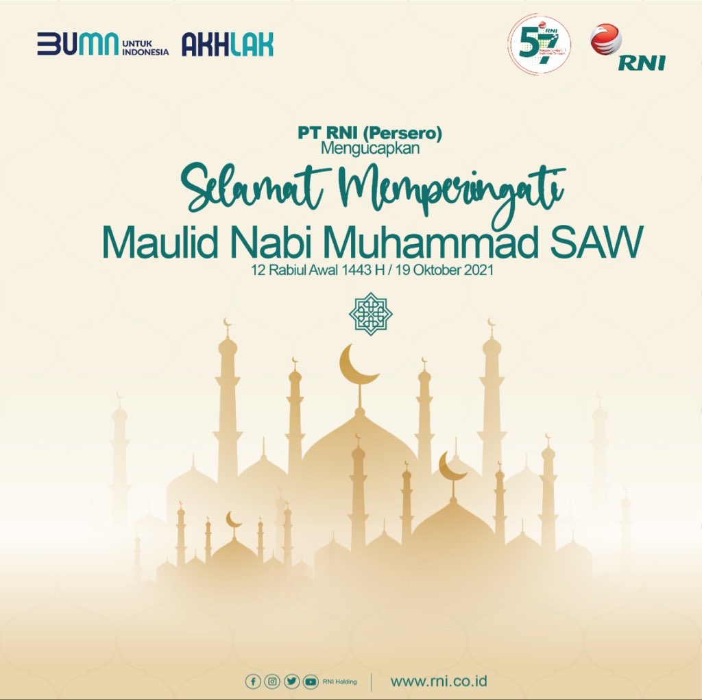idfood_official's tweet photo. Selamat Memperingati Maulid Nabi Muhammad 1443 H.
Semoga Akhlak muliah Rasulullah senantiasa dapat kita teladani dan amalkan sebagai pedoman dan pelita untuk mewujudkan pribadi dan kehidupan yang lebih baik.
#MaulidNabi1443H
#UcapanRNI
#BUMNUntukIndonesia
#RNIGroup https://t.co/vv81oFAD3C