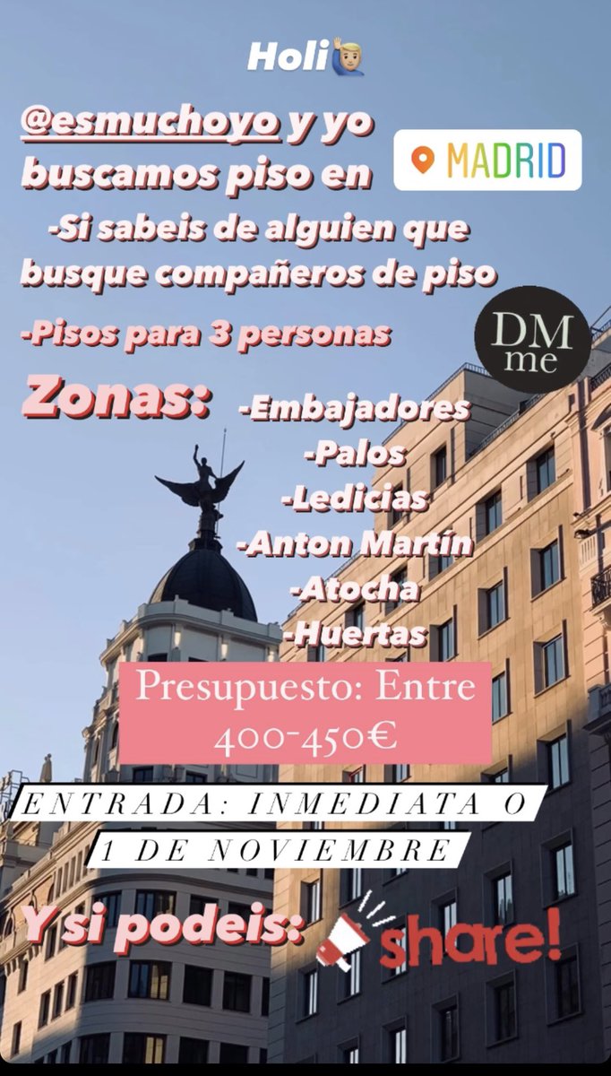_AlexHero_'s tweet photo. Ali holi!

-BUSCO PISO EN:

🏙 MADRID

🛌 Puede ser un piso para 3 o 2 personas, o habitación individual.

📍ZONAS:
-Huertas
-Antón Martin
-Atocha
-Palos
-Embajadores
-Ledicias
-Legazpi

💰 Presupuesto: 400-450€ por habitación.

🏳️‍🌈 LGTBI FRIENDLY

Si podéis, compartir porfi! https://t.co/po4siTrsf9