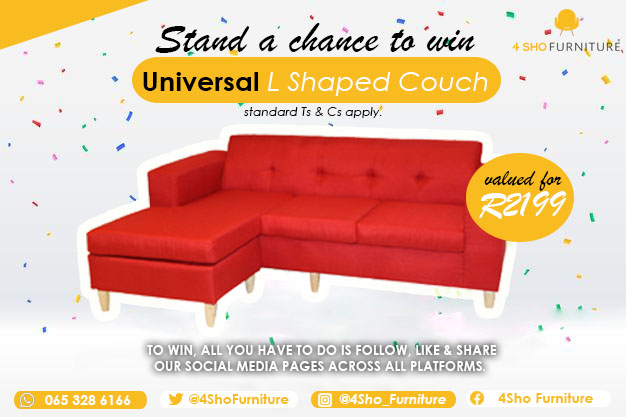 Stand a great chance to win a Universal L Shaped Couch🎉
All you have to do is Like, Share and Follow 4Sho Furniture across all Social media platform and tag a friend to do the same😁
The winner will be announced in a riffle on Monday, 25th October 2021 on Facebook live #Ayikhale