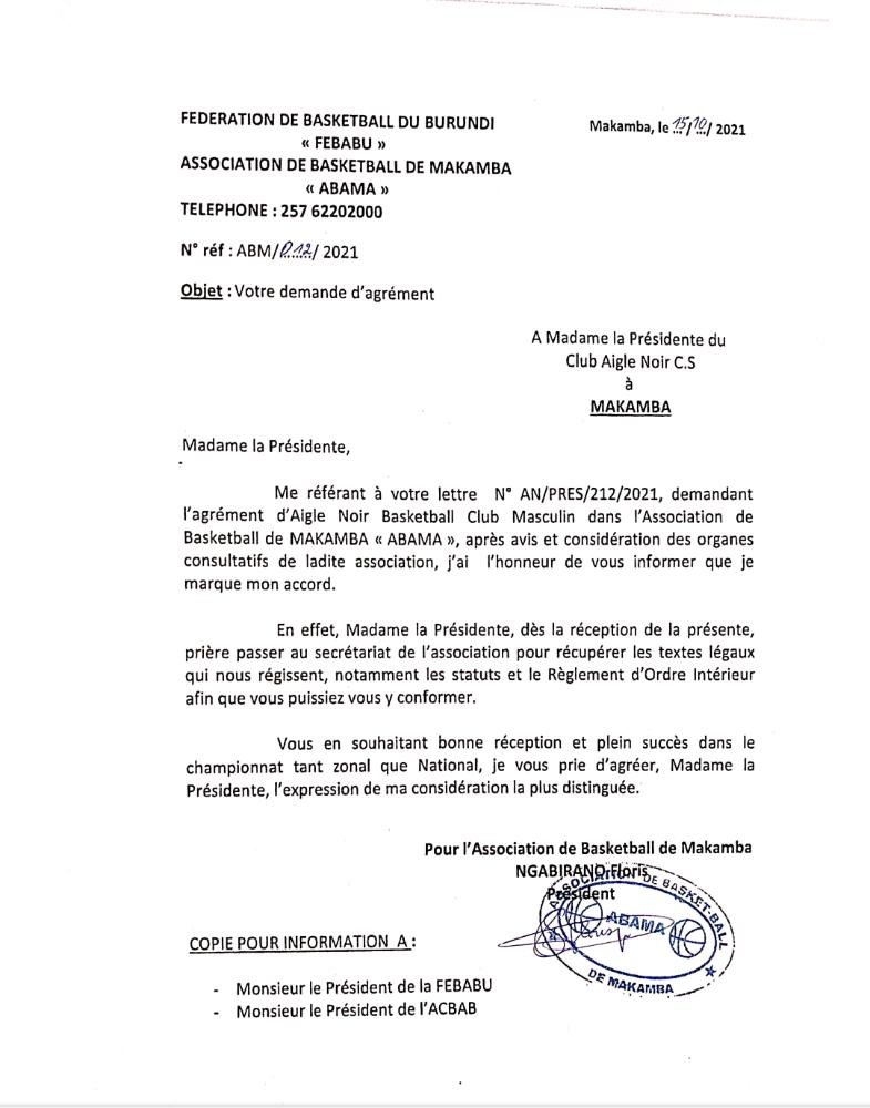 MagazineJimbere's tweet photo. 🏀✍🏾 L'Association de #Basketball de #Makamba (ABAMA) donne feu vert au club Aigle Noir section masculine d'être un des clubs membres de leur association. Consécutivement, Aigle Noir BBC quitte l'#ACBAB de #Bujumbura, suivant le règlement de la #FEBABU
#Burundi #sports https://t.co/2r8HRO9hlC