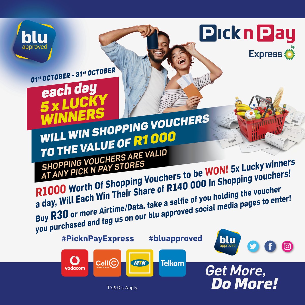 BluPromotions1's tweet photo. Stand a chance to WIN a shopping voucher to the VALUE OF R1000 with Pick n Pay!😊🎉

Buy R30 or more airtime/data at your a Pick n Pay store, post a selfie on our social media page of you holding your Pick n Pay airtime/data receipt, &amp; tag Blu Approved to enter. 

01 Oct- 31 Oct. https://t.co/fAY5mpZ4Nx