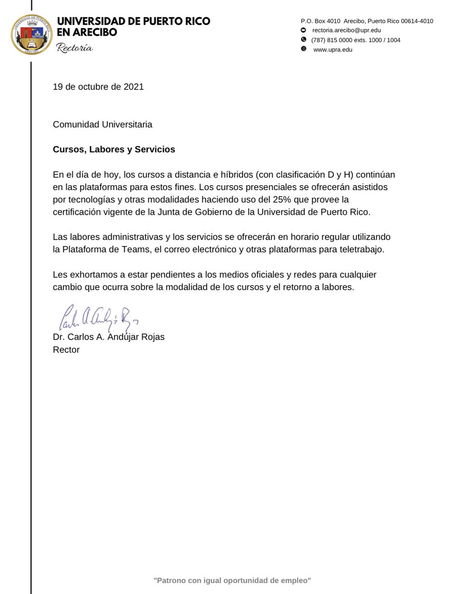 UPRA_Oficial's tweet photo. #ComunidadUniversitaria | El rector, doctor Carlos Andújar Rojas, envía comunicado oficial sobre los cursos, labores y servicios en UPRA, hoy martes, 19 de octubre de 2021. https://t.co/9inOALO0ba