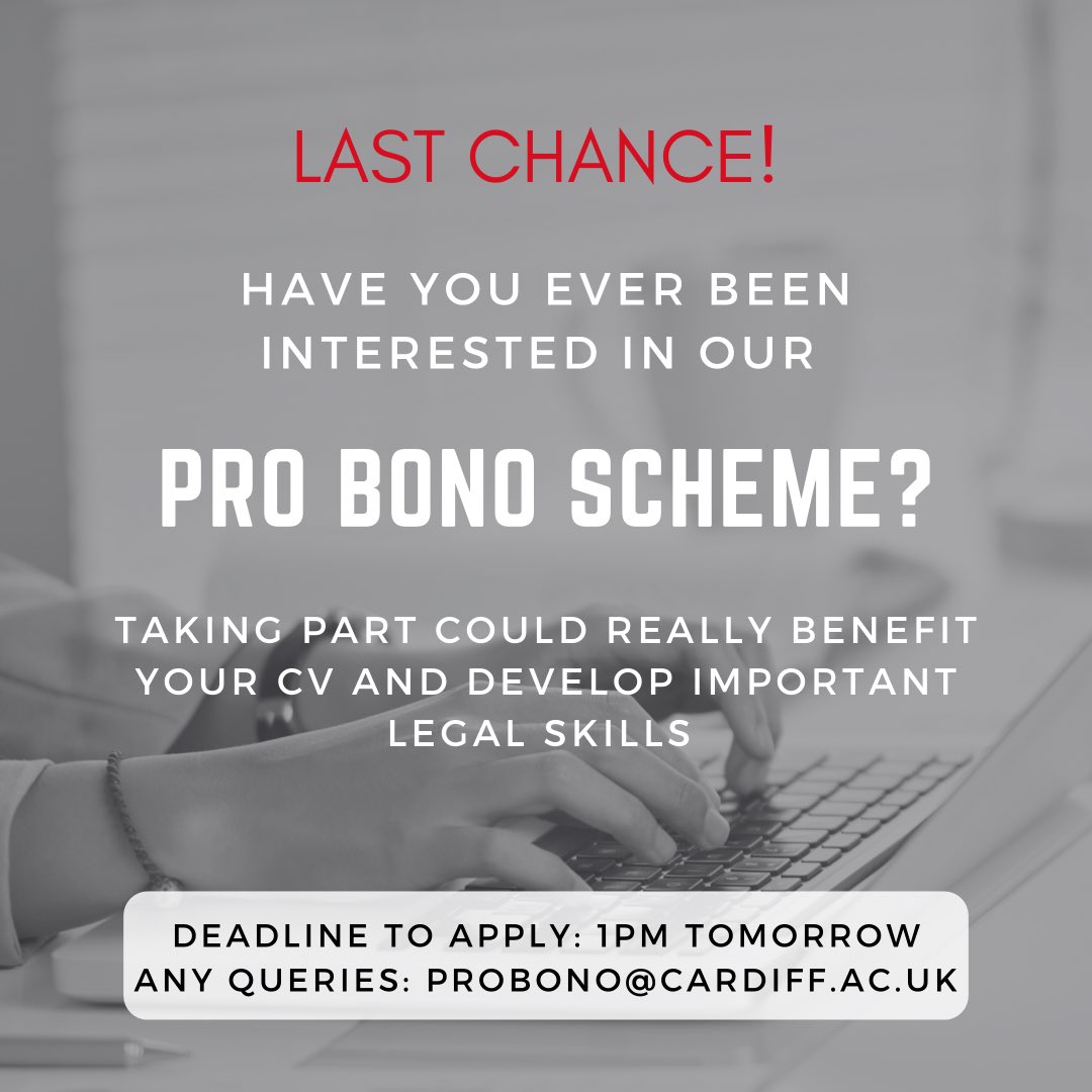 Cardiff University Law Society (@culawsoc) on Twitter photo Don’t miss out! Pro Bono opportunity’s look amazing for your CV, help develop important legal skills and help others.
If you have any questions email probono@cardiff.ac.uk Don’t miss out! Pro Bono opportunity’s look amazing for your CV, help develop important legal skills and help others.
If you have any questions email probono@cardiff.ac.uk