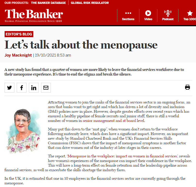 Let’s talk about the #Menopause

A new study has found that a quarter of women are more likely to leave the financial services workforce due to their menopause experience. It’s time to end the stigma and break the silence. &lt;==Excellent Editor's blog from @joymacknight #FTR