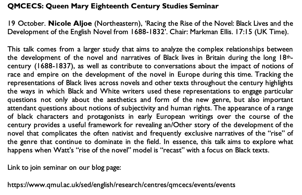 QMCECS Seminar tonight: 19 October. Nicole Aljoe (Northeastern University, Boston), ‘Racing the Rise of the Novel: Black Lives and the Development of the English Novel from 1688-1832’. 17:15 UK Time.