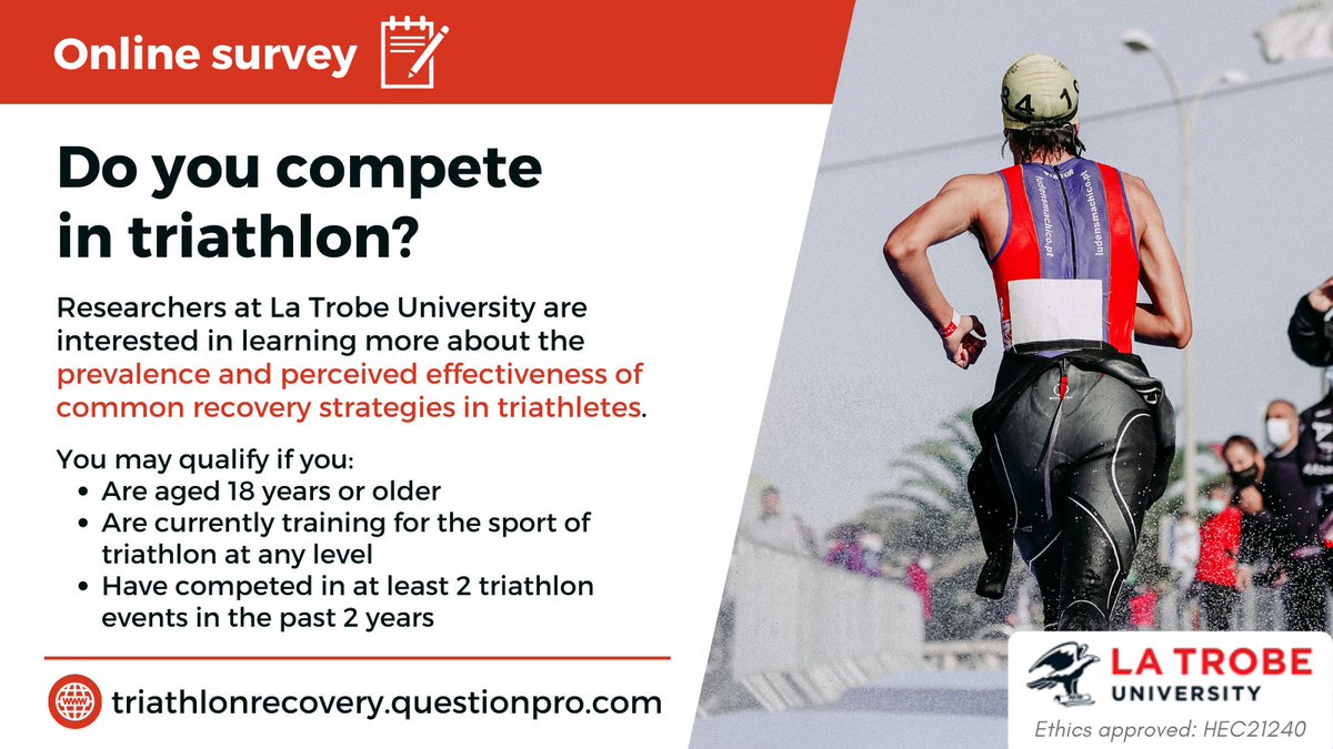 VeronicaVleck's tweet photo. Alana Leadbetter- a Ph.D. student from La Trobe Univ.,  is looking for triathletes over 18 years old and competing at any level to complete a 5 min anonymous online survey about their use of recovery strategies. Please help. https://t.co/e60Z0dZLiP