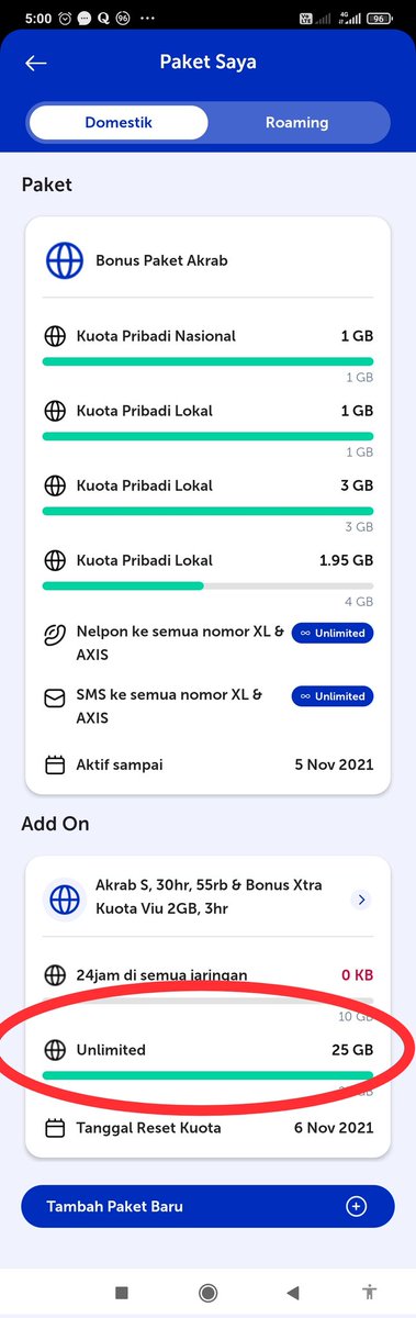 lamandala's tweet photo. @myXLCare Kak mau nanya, ini kuota unlimited (yg saya lingkari) kuota buat apa ya? Saya cek ga ada keterangannya? Tadi coba saya pakai datanya tapi yang berkurang  kuota pribadi lokal. Mohon pencerahannya. https://t.co/OUFgSJq56o