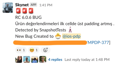 `Detected by SnapshotTests` 😎 
Ekip içinde böyle tatlış geliştirmelere şahit oldukça çocuk gibi mutlu oluyorum. 
<a href="/beyzance2/">Beyza İnce</a> &amp; <a href="/Veccii/">Francisco Muñoz</a> iş birliği ile kanlı canlı snapshot testing'in faydalarını görüyoruz 🕺💃🙏🧿😌