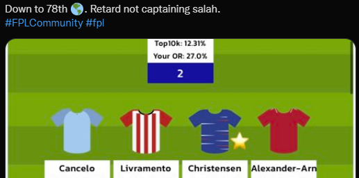 fplplannerau's tweet photo. Wouldn't it be more fun to pick a differential captain?
Yeah absolutely, but only when it works!

Below are the tweets from one of the two managers above, before and during #GW8 😅

Guess it wasn't that fun after all 😬

Should've captained Salah 👑🔥

#FPL #CaptainFail https://t.co/AgTIaxmMC8