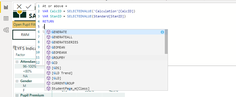 Bi4Schools's tweet photo. I don't like the changes to the expression writer in BI - rare example of things getting worse IMO.

You used to be able to find a formula with any text string - so DV brought up SELECTEDVALUE

Now you need to include the first letter: SDV - once great feature bit less good now https://t.co/Jk4gfuWYLF