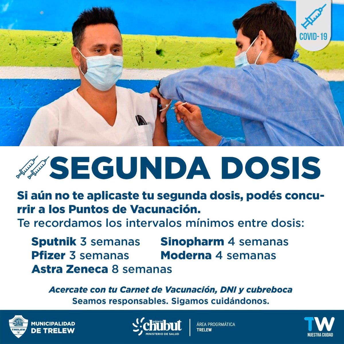 #TrelewSeCuida Si aún no te aplicaste la segunda dosis de la vacuna contra el covi-19, acércate a los puntos de vacunación.

📌Gimnasio N° 1

⏰Lunes a Viernes | 09:00 a 12:00 hs | 13:00 a 15:30 hs

📌 Vacunatorio Seros Trelew

⏰ Martes y Jueves | 14:00 a 16:00 hs