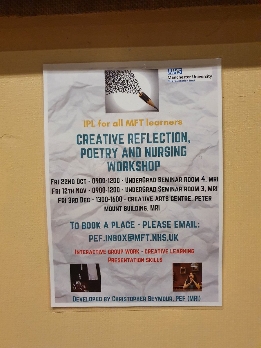 Calling all <a href="/MFTnhs/">MFT NHS</a> learners! New dates for CREATIVE REFLECTION, POETRY &amp; NURSING workshops now available to book onto. I feel very fortunate to teach this, and it's already booking up fast too! Here for learners to teach, inspire &amp; collaborate. Thanks <a href="/MFT_PRET/">MFT Pre-Reg Education Team</a> #teachertwitter