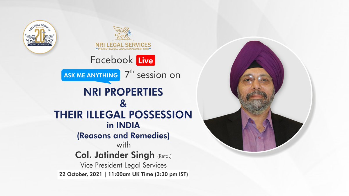 NRILegal's tweet photo. How can #NRIs deal with #illegalpossession of property in #India? Join our #AMA on 22nd Oct 2021 and get to know all the reasons and remedies related to the topic - https://t.co/lwGTnXEmra
#FBlive #IllegalOwnership #ImmovableProperty #LegalAdvice #NRILegalServices #LawFirm https://t.co/aK7fk0Nn30