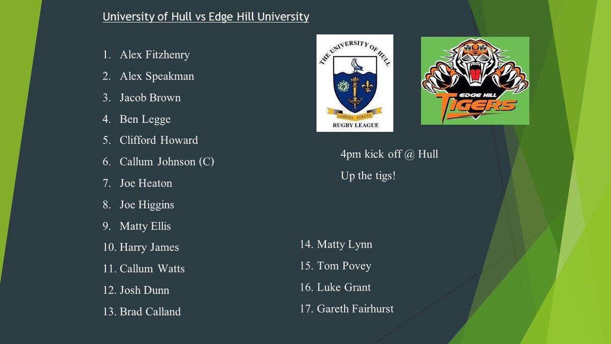 Our team for tomorrow’s game with the @HullUniRL as we look to build some momentum after a big win last week. 4 lads make their tiger debuts as we look to make it two wins on the bounce.

Up the tigs🐯💚
