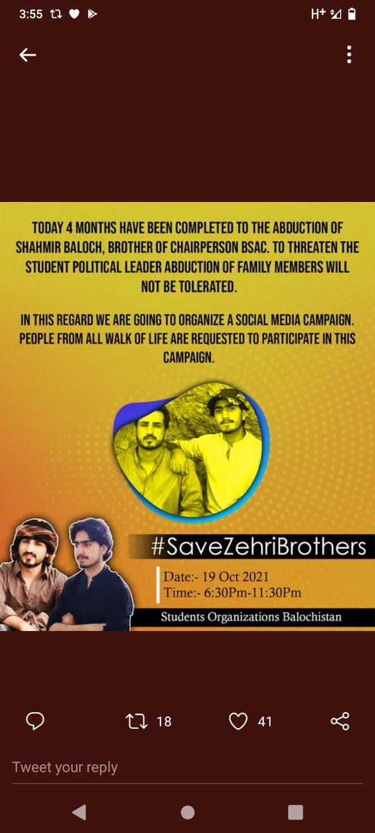 Saifbaloc's tweet photo. Today 4 months have been completed to the abduction of Shahmir Baloch, Brother of Chairperson BSAC Sabiha Baloch. People from all walk of life are requested to participate in this social media campaign. 
#SaveZehriBrothers
Date:- 19 Oct 2021
Time:- 6:30Pm-11:30Pm https://t.co/Kp7XWwBK9u