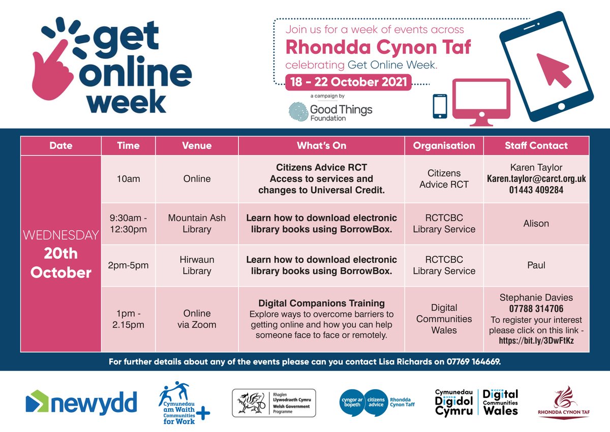 Plenty more events happening Wednesday 20th from @RCTCAB - Universal Credit @RCTCouncil Libraries - eBooks & @DC_Wales - Digital Companions Training #GetOnlineWeek Get in touch!