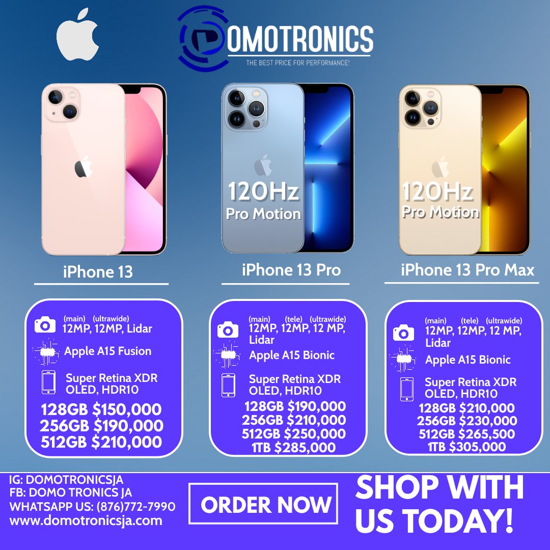 BigDomo876's tweet photo. The Apple iPhone 13 series is available for pre-order from @domotronicsja Order yours today! 🛍️

#apple #iphone #iphone13 #iphone13pro #iphone13promax #appleiphone13 #appleiphone13pro #appleiphone13promax #Lidar #ProResVideo #120Hz #ProMotion #120HzProMotion #preorder https://t.co/kqpH1P3JJg