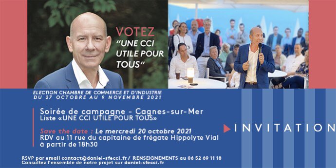 Dsfecci's tweet photo. 🤝 Je vous donne rendez-vous demain mercredi à Cagnes-sur-Mer pour vous parler de la CCI de demain.
📍 11 rue du Capitaine de Frégate Hippolyte Vial,
⏰ 18h30,
👉 Reservations : contact@daniel-sfecci.fr
#UneCCIutilePourTous #CCI06 #ElectionCCI06 https://t.co/M1GZF6qFTM