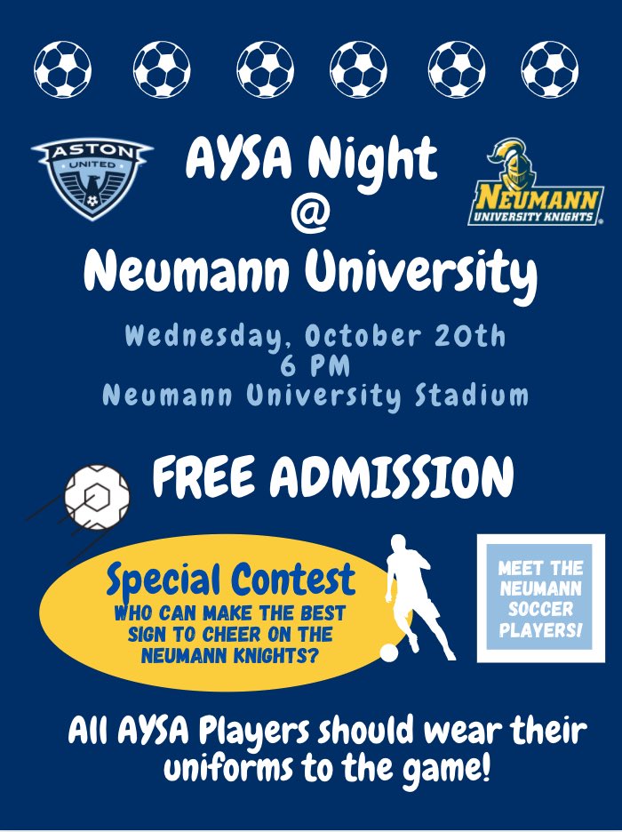 AstonSoccer's tweet photo. ⚽️⚽️REMINDER⚽️⚽️

Come out and cheer on the Neumann Men’s soccer team tomorrow night!!!!🙌🏻

🏟Game time 6pm
⚽️AYSA Players- wear your uniform 
🍦Make a sign to cheer on the Neumann Men’s soccer team for a chance to win a $20 gift certificate to Just Ice Cream!

See you there! https://t.co/9YxbzM1HZc