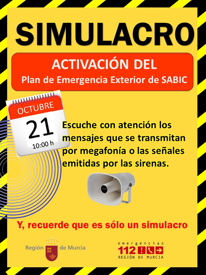 112rmurcia's tweet photo. Si vives cerca de la fábrica de Sabic en La Aljorra, esto te interesa:
El jueves, día 21, haremos un simulacro de accidente que supondrá la activación del Plan de Emergencia Exterior.
Si oyes sirenas y ves vehículos de emergencia, no te alarmes, ES UN SIMULACRO. https://t.co/gJZF5UCqPA