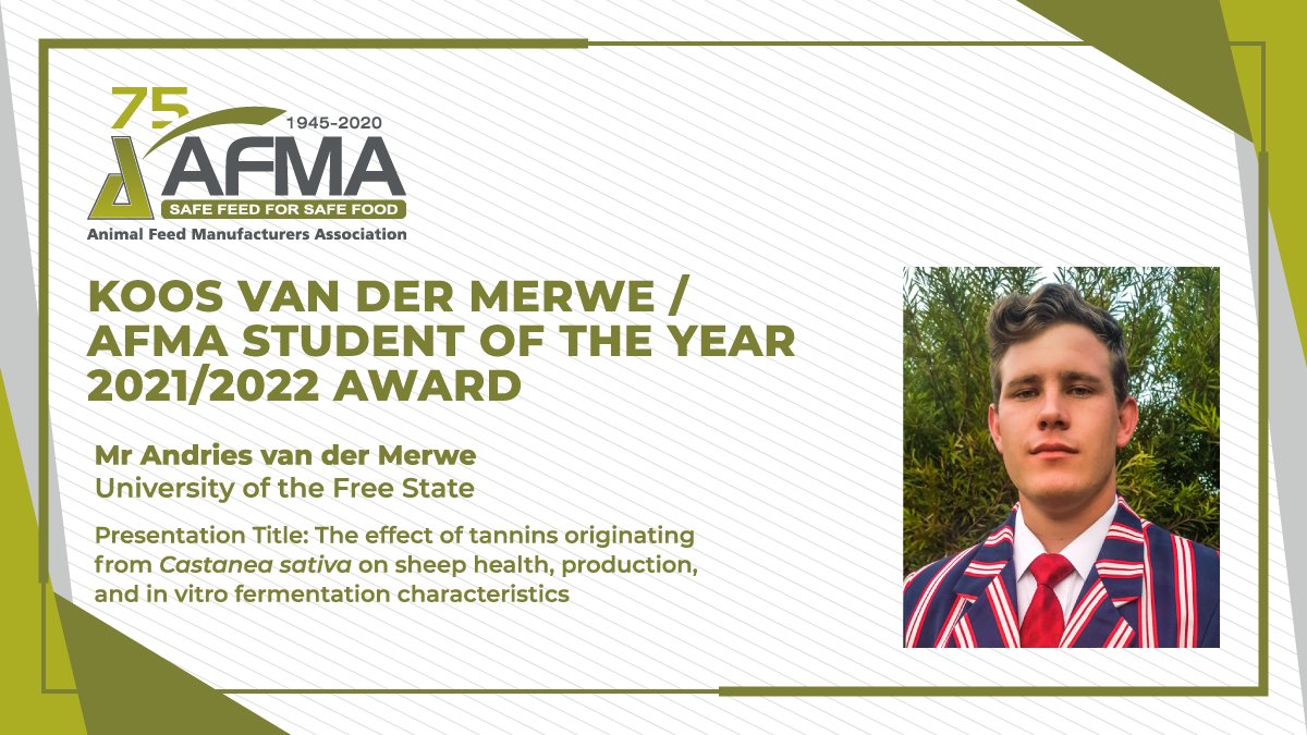 afmasouthafrica's tweet photo. Congratulations to Andries van der Merwe on winning the 2021 Koos van der Merwe/AFMA Student of the Year award. Andries presented at the #AFMASymposium his research which is focused on the effect of tannins on sheep production https://t.co/fjmG0ovEbq