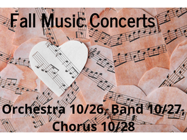 Next week will be a musical one at Riverwood!
Orchestra - Tuesday 10/26 - all orchestras
Band - Wednesday 10/27 - all concert bands
Chorus - Thursday 10/28 - all choirs
All concerts are at 7pm in auxiliary gym
Doors open at 6:45
Masks required 
Free admission and open to all