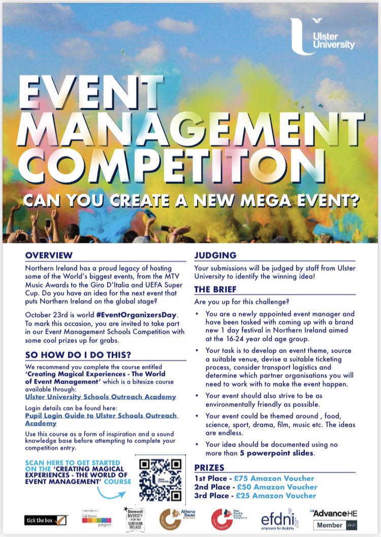 UlsterFlexEd's tweet photo. #SchoolPartnerships To celebrate Event Organisers Day Sat 23 Oct, we have a new course &amp; schools competition for all budding Event Managers. Details will be emailed across to all schools see QR code &amp; competition posters below #EventOrganizerDay @UlsterBizSchool https://t.co/6Ivz4HXUEm
