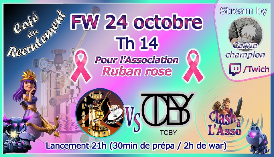 Fw de 2h pour la bonne cause. Plus de frontières de clans pour ce type d'évent tous solidaire pour aider la lutte d'octobre rose. Il reste des places. Si dispo mp moi. Merci a @tortuecafe1 <a href="/calvinfauchet1/">Calvin</a>