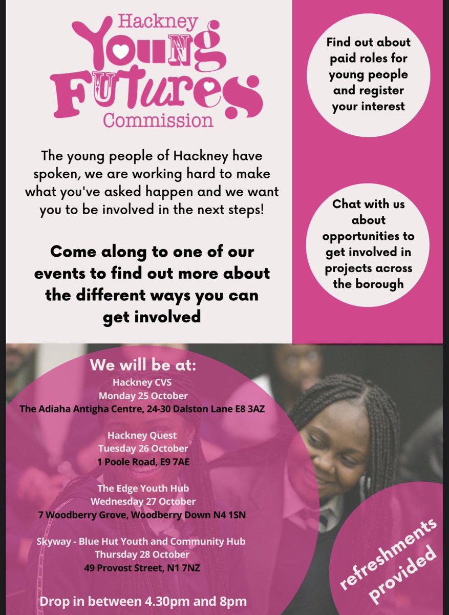 🔈UPCOMING EVENTS🔈
The Council and partners are working hard to deliver what the young people of Hackney have asked. Join us during October half term to find out about opportunities to get involved, including paid roles. Come along to find out more and register your interest!