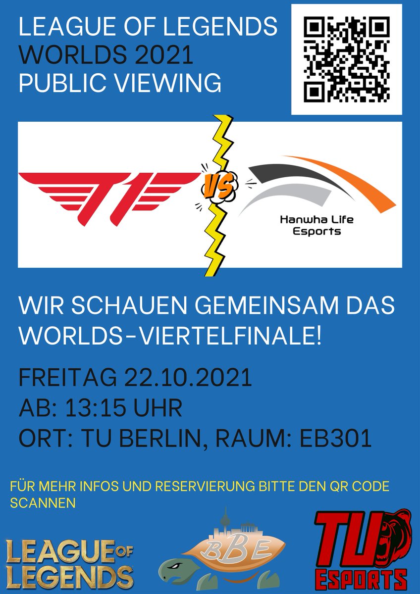 Der Berlin-Brandenburg eSports Verein lädt euch herzlich zum ersten großen Event ein.
Wir veranstalten am 22.10.2021 ein League of Legends Public Viewing in der TU Berlin. 

Event:
Viertelfinale der LoL Worlds 2021
LoL-Quiz

Weitere Infos findet ihr hier:
forms.gle/7YEoHLGLGhwoLS…