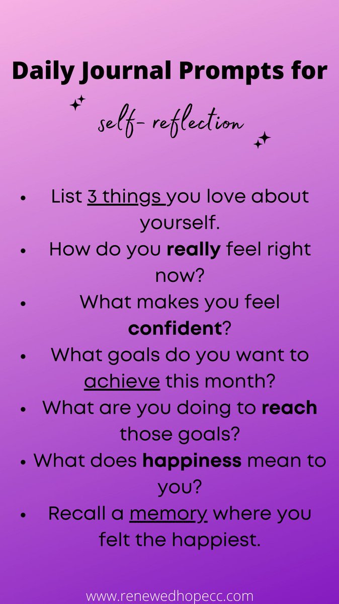 KatrinaLPC22's tweet photo. List 3 things you love about yourself. How do you really feel right now? What makes you feel confident? What goals do you want to achieve this month? 
Let's do some #selfreflection #journaling
.
.
.
#confident #achieve #goals #happiness  #memory #loveyourself #therapy https://t.co/TCGzlblrcO