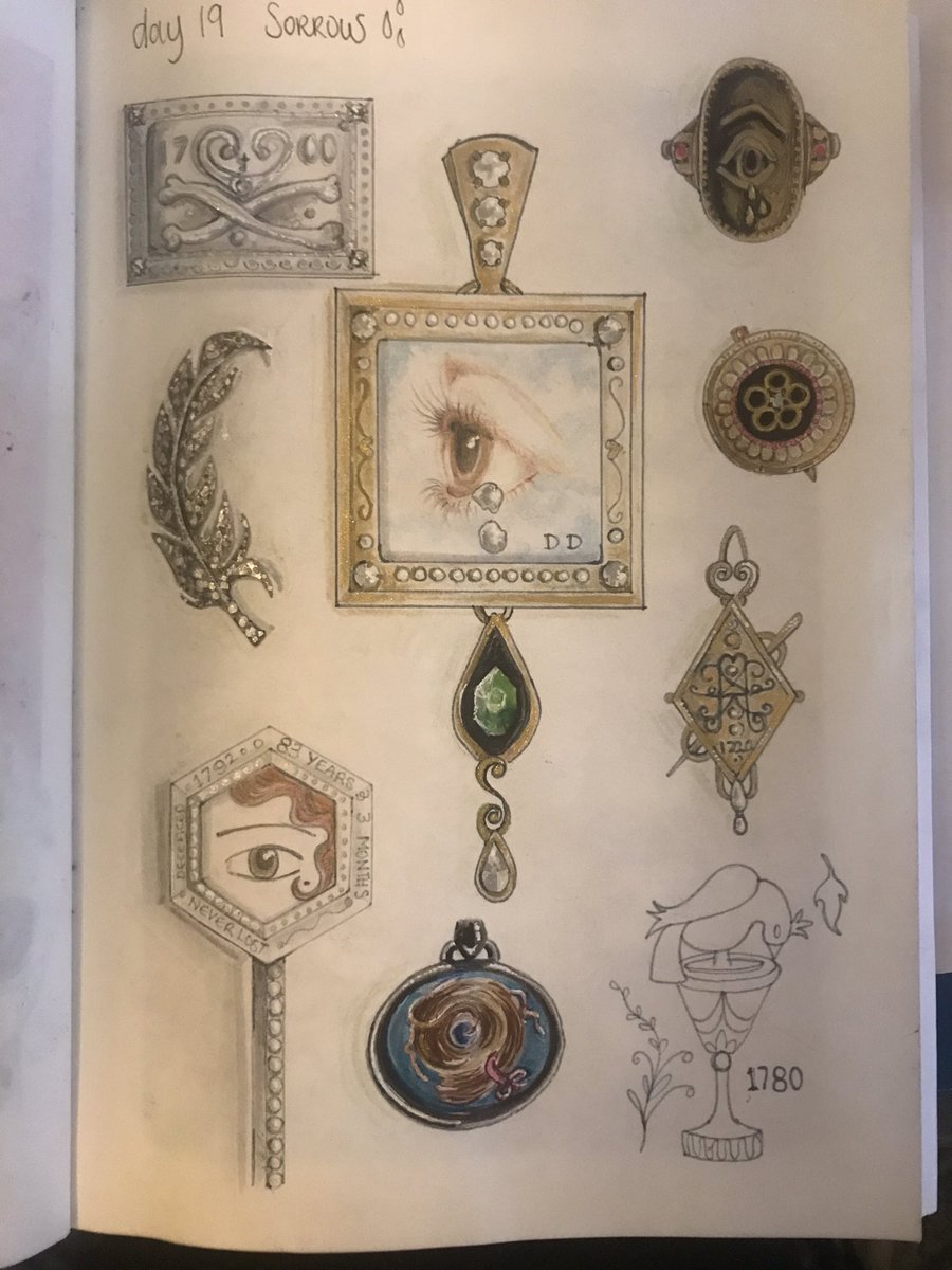 HollHox's tweet photo. Day 20: SORROW 

Examples of mourning jewellery including mourning eyes/eye portraits which I particularly love and am fascinated by. The portraits often included pearl or gem ‘tears’ as shown here. 
#inktober #artober #IAmCreating #weeeeeee https://t.co/8AUTX08gQY