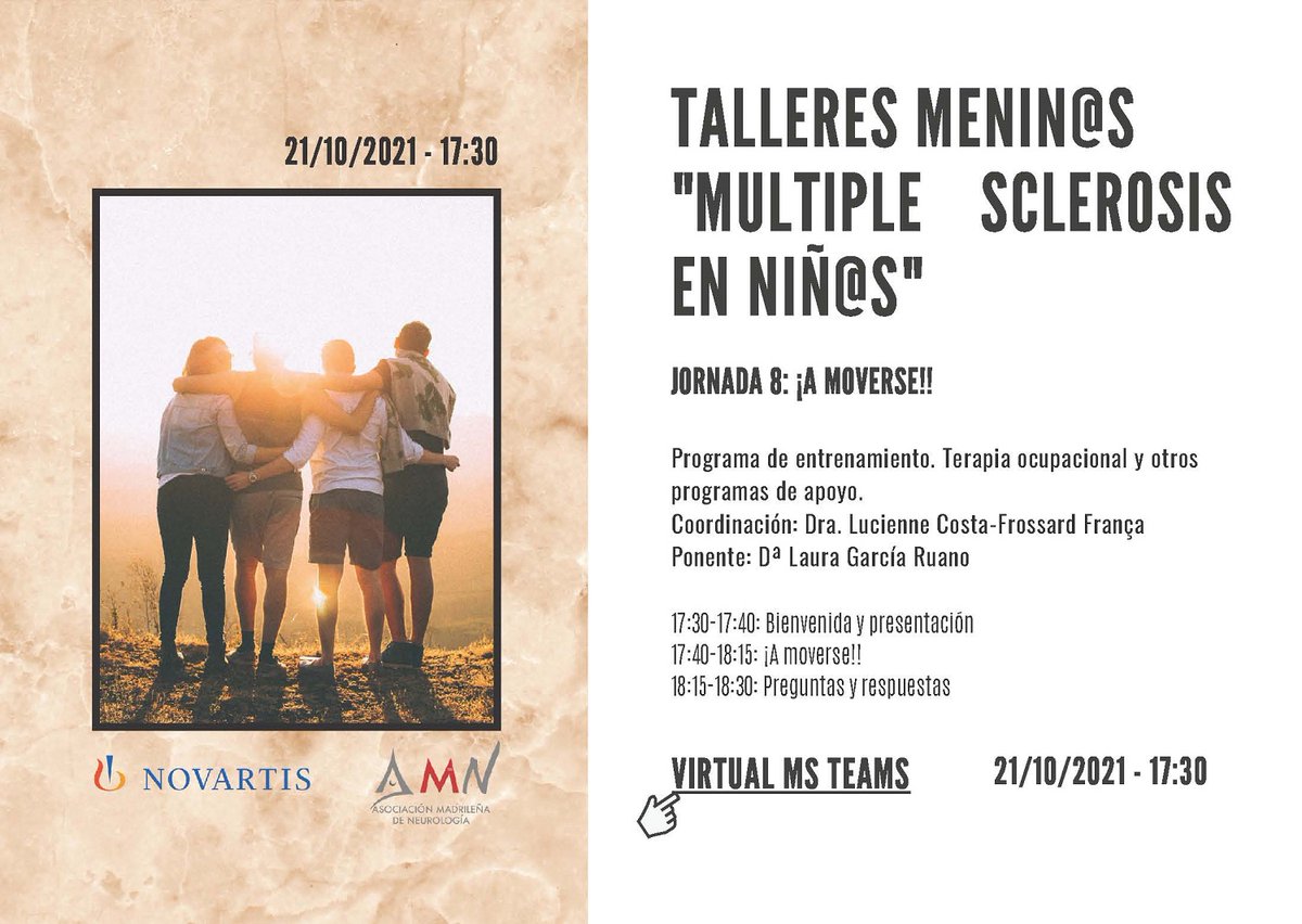FundacionEMM's tweet photo. Este jueves 🔜 participamos desde el #equipoFEMM en una nueva sesión de los Talleres Menin@s. Los encuentros dirigidos a menores de 1️⃣8️⃣ años con #esclerosismultiple y familiares.
Conéctate aquí🔗https://t.co/UNXQo6f4yJ
Una iniciativa de @CostaFrossard @NeurologiaRyC https://t.co/vrvvCL82hW