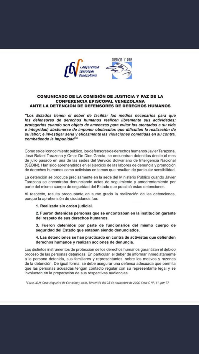 CDDHHCoche's tweet photo. Desde @CDDHHCoche presentamos y suscribimos el "Comunicado de la Comisión de Justicia y Paz de la @CEVmedios ante la detención de defensores de derechos humanos". 
Defender #DDHH no es delito, cómo de manera sistemática lo hace ver el Estado #Venezolano . Es mi derecho defender! https://t.co/QkPvM4EmrH