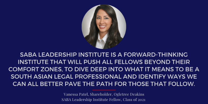 SABALegal's tweet photo. Hitting the mid-career blues? We got you – check out the benefits of the SABA Leadership Institute shared by Vanessa Patel, a Shareholder at @OgletreeDeakins and a Class of 2021 Fellow. The deadline to apply is Oct. 22! https://t.co/8BJWFOGCwP #ThisisSABA https://t.co/nVxbnT5eNW