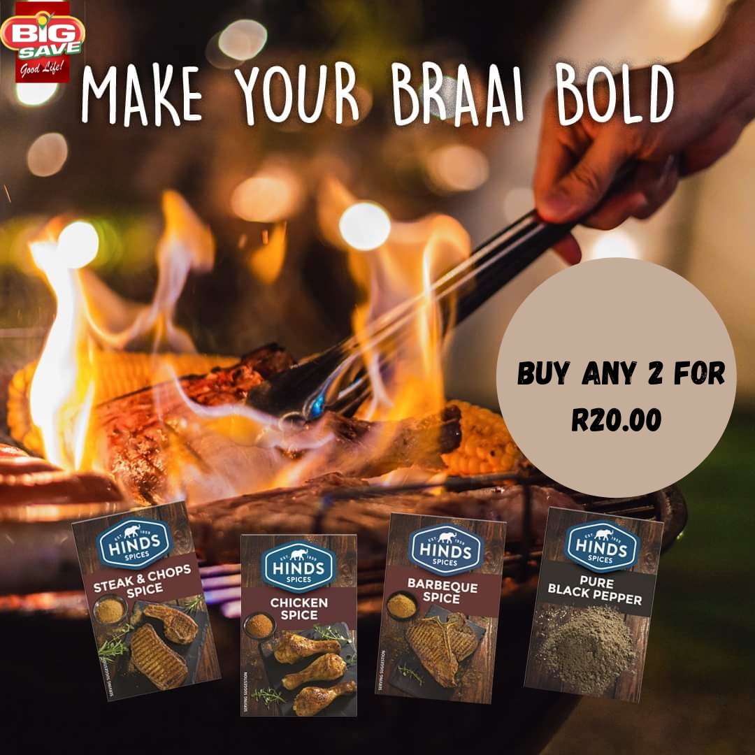 Perfect for braai meat 🥩🍖🍗

Purchase 2 x 18g/40g/50g/60g/80g and 90g for R20.00 

Available on our Buy More Save More promo valid until 30 October 2021.

* Excluding Big Save Tshwane Market and Big Save Evaton*

#braaimeat #braaivleis #hinds #hindsspices #meat #coal