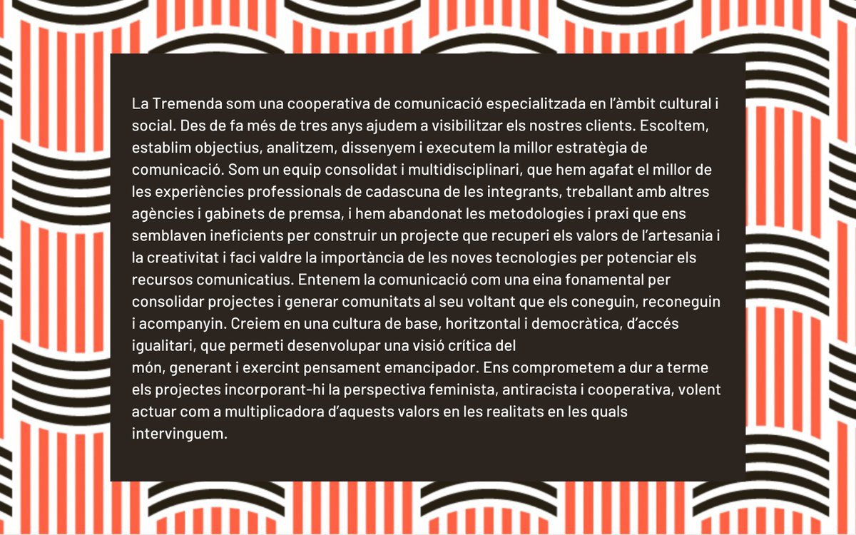 ttp_cat's tweet photo. A @LaTremendaCoop entenen la comunicació com una eina fonamental per a donar visibilitat a projectes culturals, generant comunitats al seu voltant que els coneguin, reconeguin i acompanyin.

El dilluns 25, a la #TTPForma.

Inscriu-te aquí 📲 https://t.co/DnFsyv1Ukn https://t.co/8kXeNNaabz
