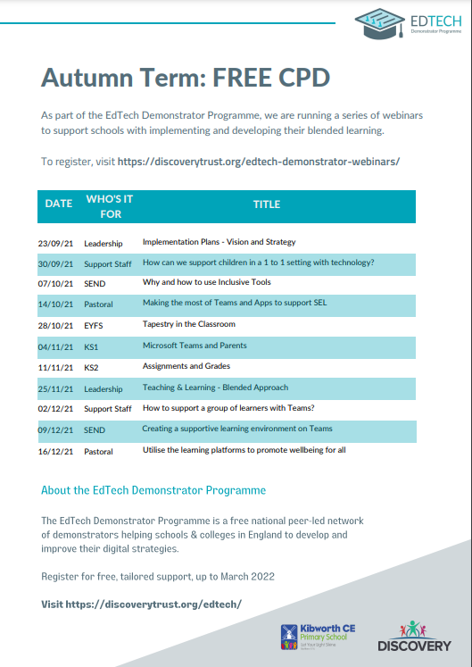 Fully funded by <a href="/educationgovuk/">Department for Education</a>  webinars and training to help #schools make the most of #edtech.

Book your place today buff.ly/3A86wL2

#EduTwitter #UKEdChat #primary #headteacher