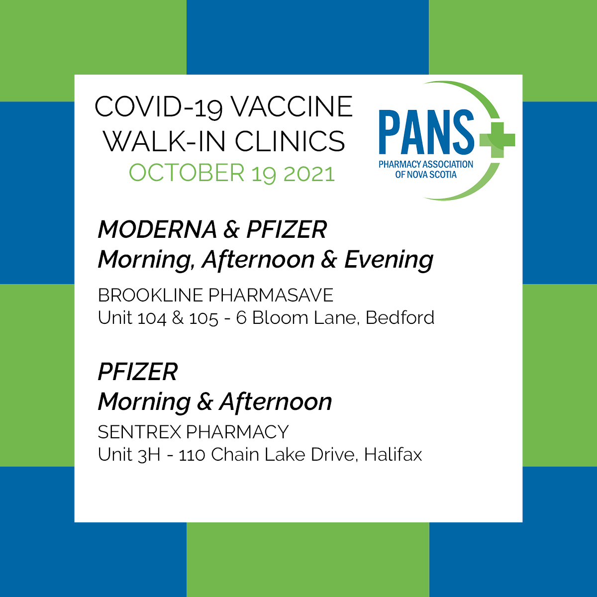 COVID-19 Walk-in Vaccine Clinics - OCT 19!

Looking to get your Covid-19 vaccine? Head to any of the pharmacies listed - No appointment needed!

For upcoming walk-in dates/times visit pans.ns.ca/walk-covid-19-… 

#COVID19 #vaccine #walkinclinic #pharmacyns