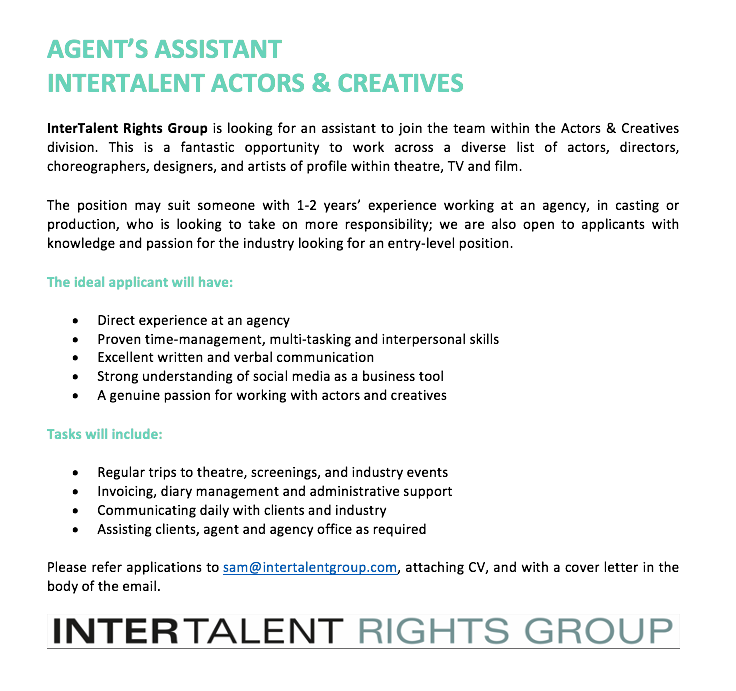 SamWLDay's tweet photo. Twitter - I am hiring an assistant. Please share! @InterActors is a brilliant place to work. Info attached. 

#ArtsJob #wearehiring #agentsassistant #performingartsjob #hiring https://t.co/HiAxicb6Bs