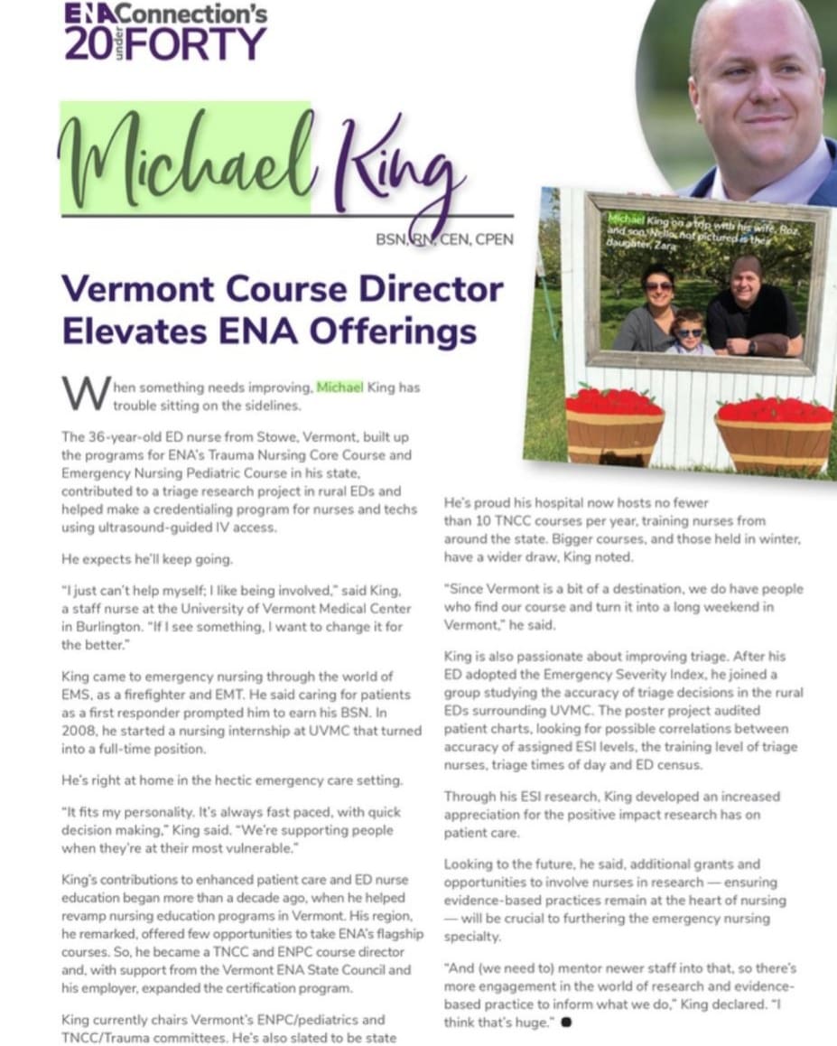 VermontENA's tweet photo. Mike King,VTENA president-elect featured nationally for his work on trauma and pediatric education for our state! Check out this month's ENA Connect for full article of the ENA's 20 under 40!
#UVMMC  #UVMEmergencyMedicine @UVMMedCenter @uvmcnhs @universityofvermont @UVM_Alumni https://t.co/D2ZFJAuRFh